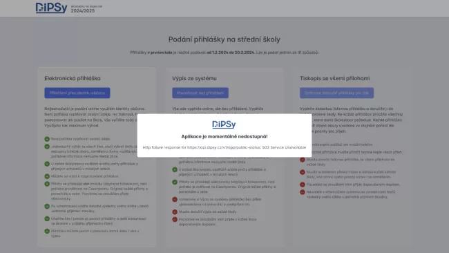 Ukázka webu Digitálního přihlašovacího systému (DiPSy)