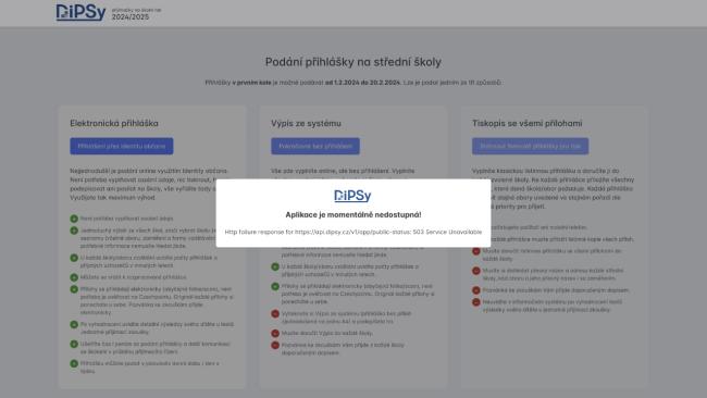Ukázka webu Digitálního přihlašovacího systému (DiPSy)