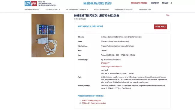 Aukce telefonů na webu Policie
