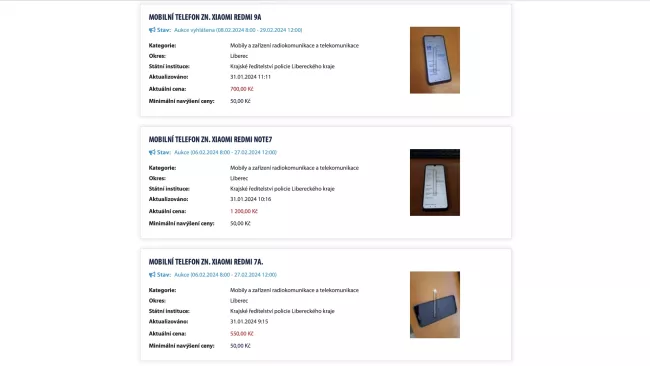 Aukce telefonů na webu Policie