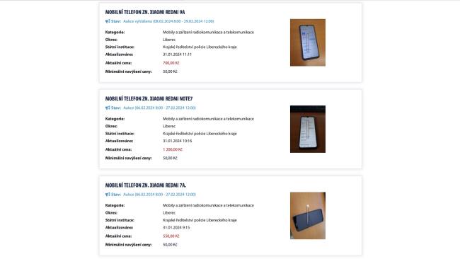 Aukce telefonů na webu Policie
