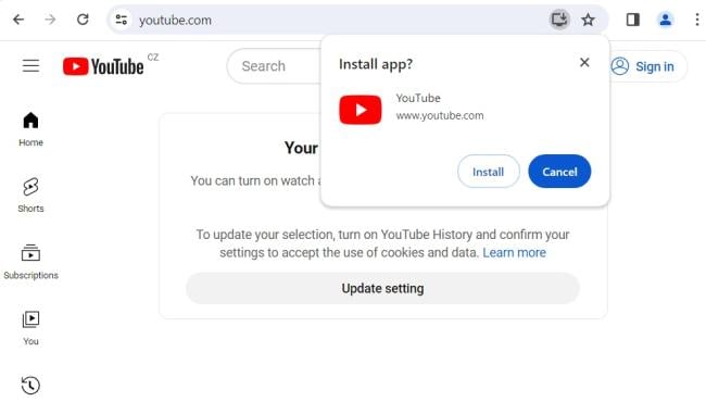 Instalace YouTube jako aplikace