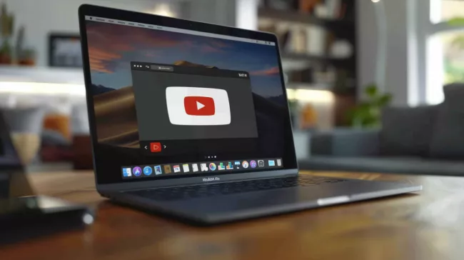 Logo YouTube na pracovní ploše laptopu