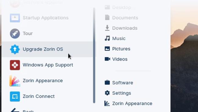 Nabídka pro Zorin OS upgrade