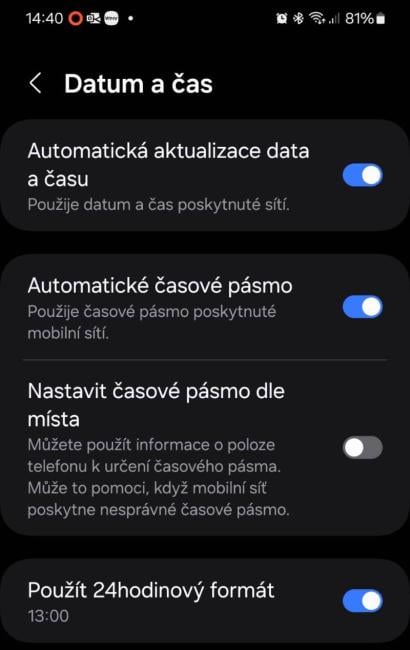 Nastavení automatické změny času na Androidu