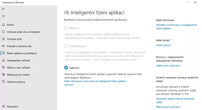 Okno pro nastavení funkce Inteligentního řízení aplikací ve Windows 11