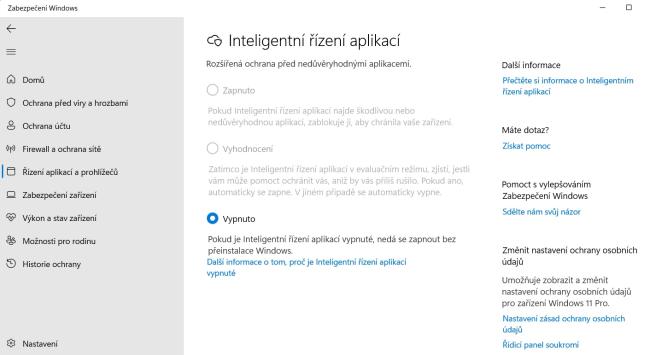Okno pro nastavení funkce Inteligentního řízení aplikací ve Windows 11