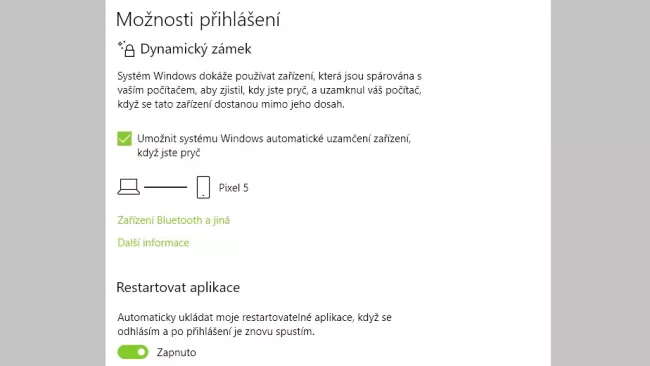 Obrazovka s nastavením zamknutí Windows pomocí spárovaného smartphonu