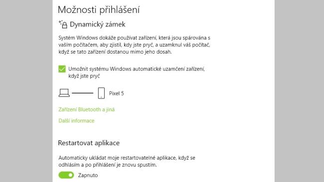 Obrazovka s nastavením zamknutí Windows pomocí spárovaného smartphonu