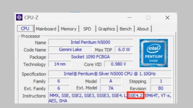 Prostředí programu CPU-Z pro ověření kompatibility procesoru s Windows 11