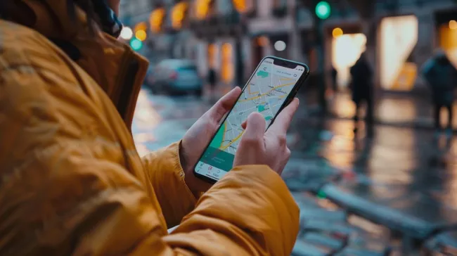 Uživatel s mobilem a Mapovou aplikací