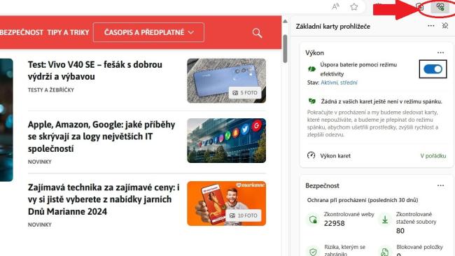 Detail na okno prohlížeče Microsoft Edge