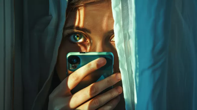 Uživatelka se skrývá za mobilním telefonem a sleduje vás