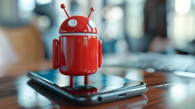 Červený robot Android stojí na displeji mobilu