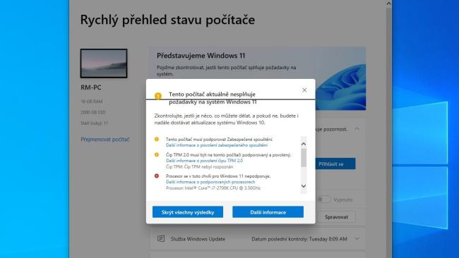 Služba Kontrola stavu počítače s oznámením o nekompatibilitě s Windows 11