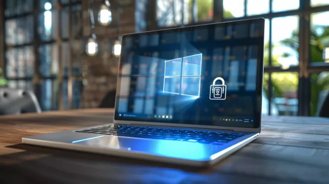 Laptop s logem Windows a visacím zámkem na displeji