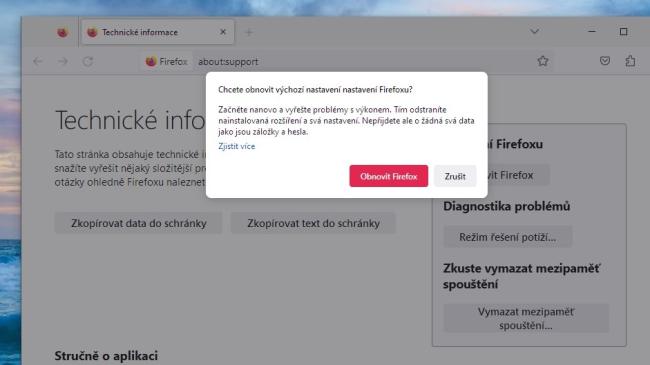 Obnovení výchozího nastavení prohlížeče Firefox