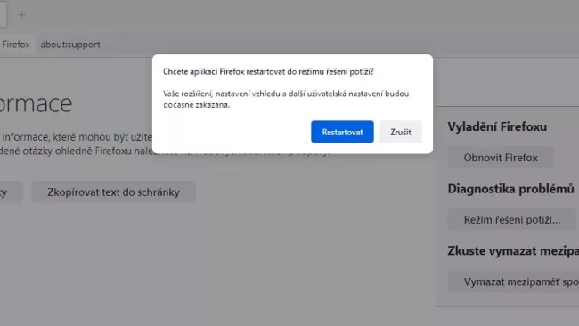 Režim opravy problémů ve Firefoxu