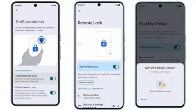 ukázky obrazovek Androidu s novými bezpečnostními funkcemi