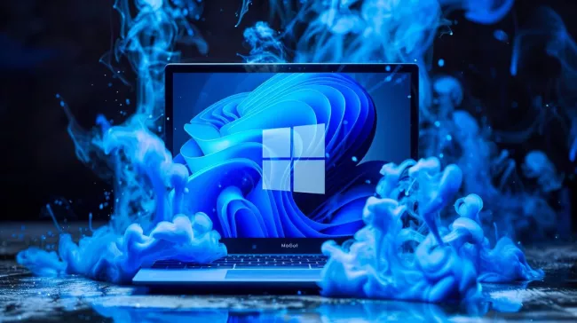 Laptop s Windows 11 zahalený kouřem