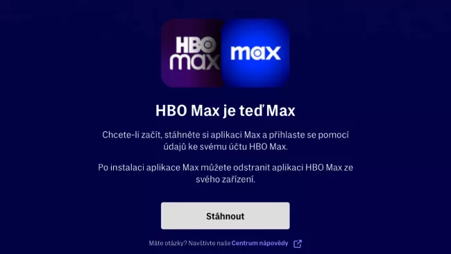 Hláška o přechodu z aplikace HBO Max na Max