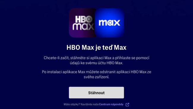 Hláška o přechodu z aplikace HBO Max na Max