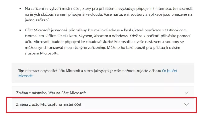 Změna účtu  v prostředí Nastavení systému
