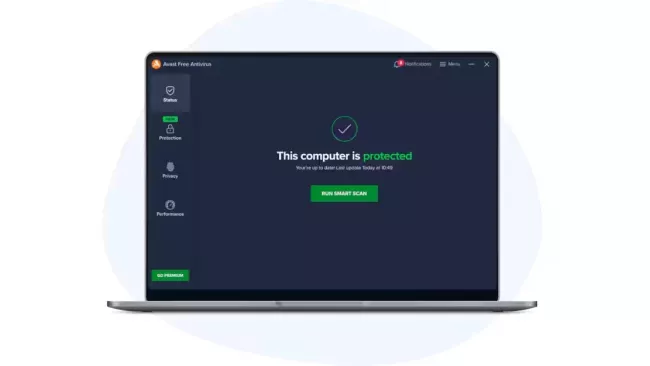 Symbol laptopu s běžícím programem Avast Free Antivirus