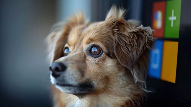 Pes a v pozadí logo Windows