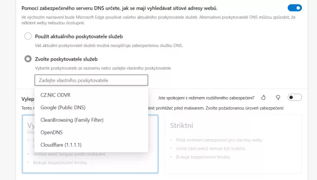 Aktivace zabezpečeného DNS v Edge