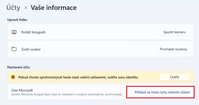 Změna účtu Microsoft na místní účet v Nastavení systému