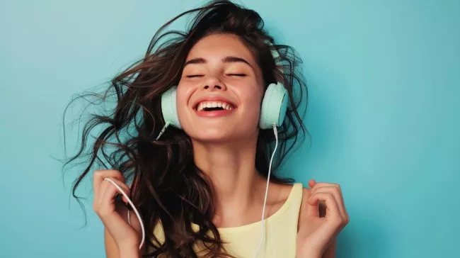 Mladá žena poslouchá hudbu do sluchátek