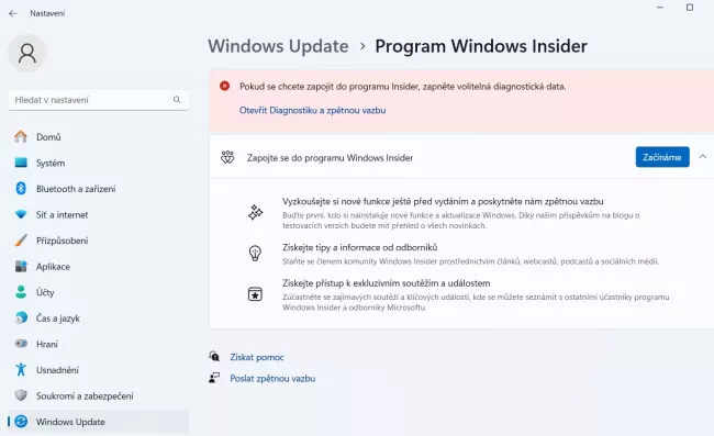 Nastaven programu Windows Insider ve službě Windows Update