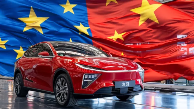 Elektromobil s vlajkou Číny a EU