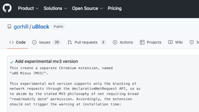 Okno blokátoru reklam uBlock