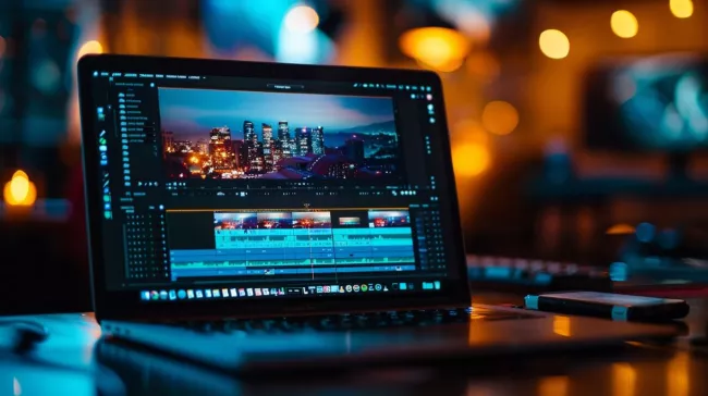 Aplikace na střih videa na displeji laptopu