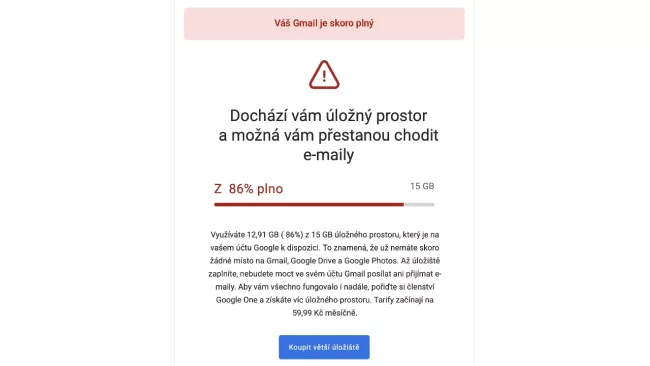 E-mail ohledně zahlcení Gmailu
