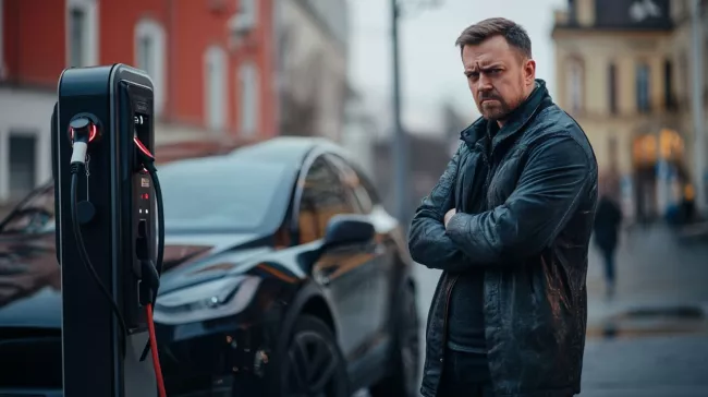 Naštvaný řidič čeká u nabíjecího stojanu