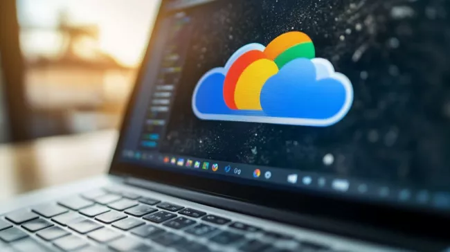 Symbol Google Cloudu na displeji laptopu