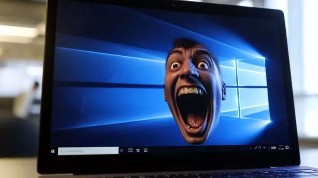 Ďábelsky se smějící tvář, na pozadí je logo Windows