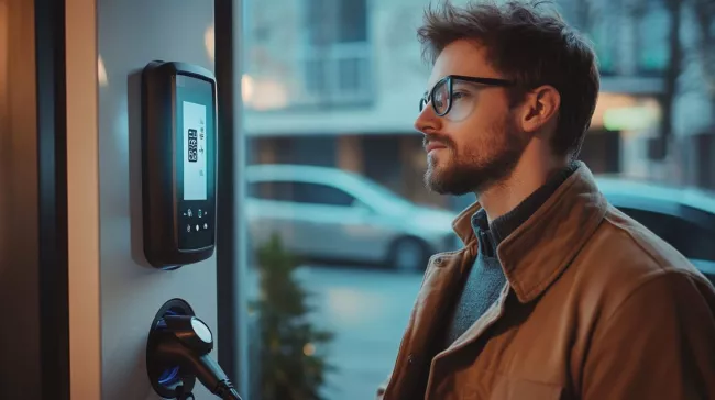 Podezřívavý muž hledí na QR kód na nabíječce pro elektromobil