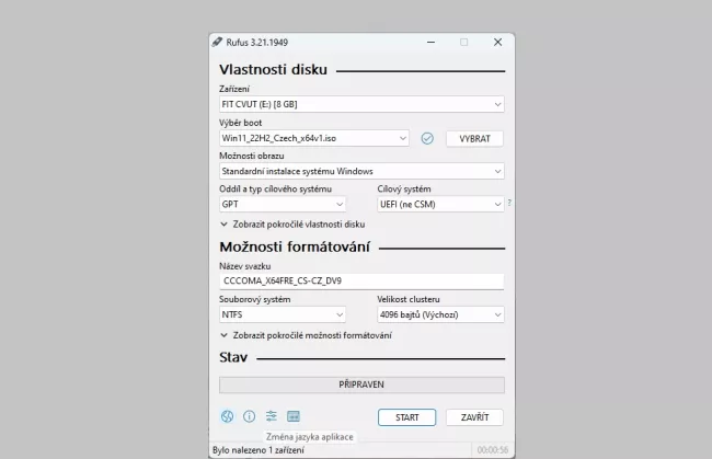 Program Rufus pro vytváření instalačních médií