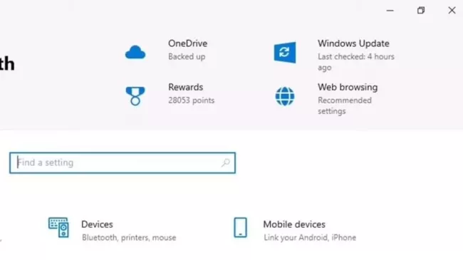 Horní rozložení ikon nabídky Nastavení Windows
