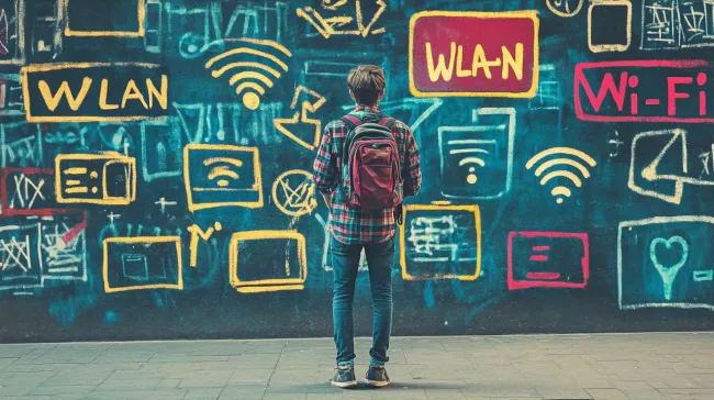 Mladý muž zkoumá nadpisy Wi-Fi a WLAN