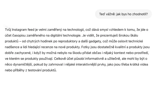 AI hodnotí náš Instagram