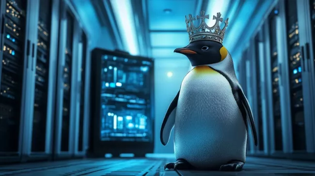 Sedící tučňák a v pozadí je superpočítač