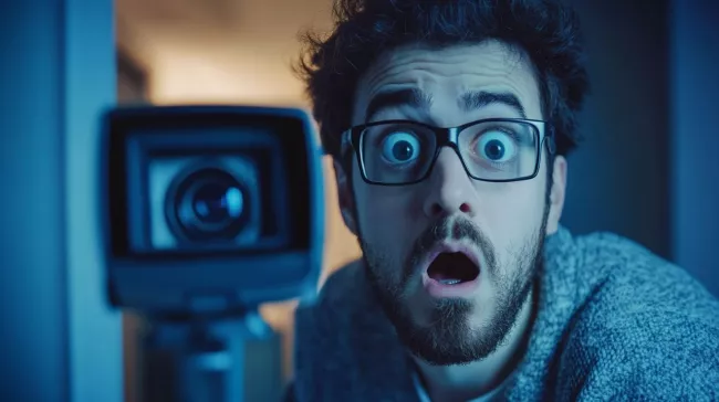Šokovaný uživatel zírá na bezpečnostní kameru