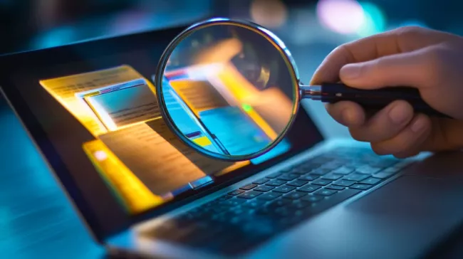 Uživatel s lupou v ruce zkoumá složky ve Windows