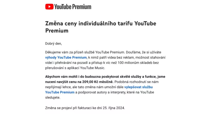 Zdražení Youtube Premium