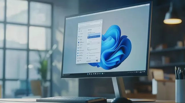 PC monitor s logem Windows 11 na pozadí plochy